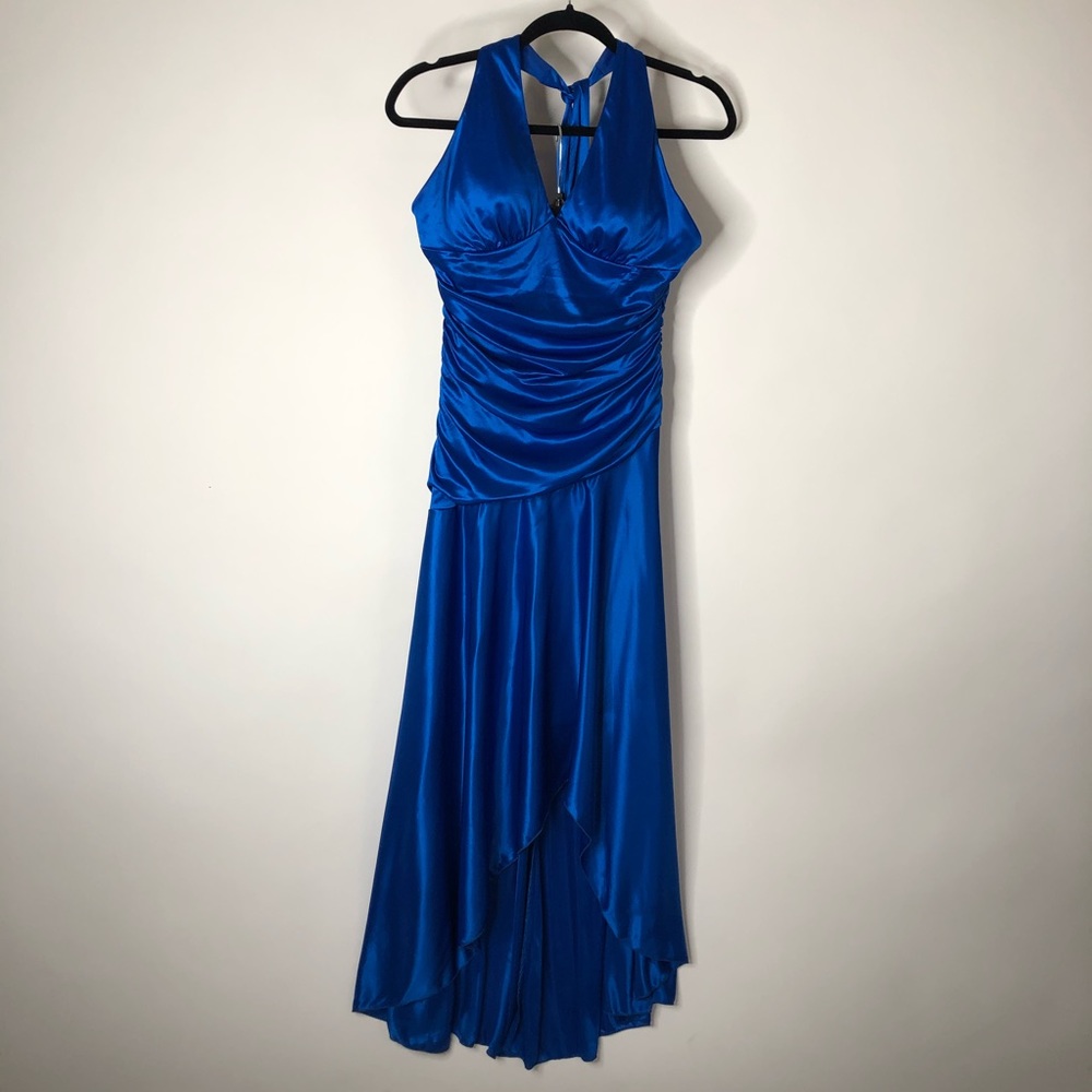 Le Chateau Asymmetrical Blue Halter Formal Dress